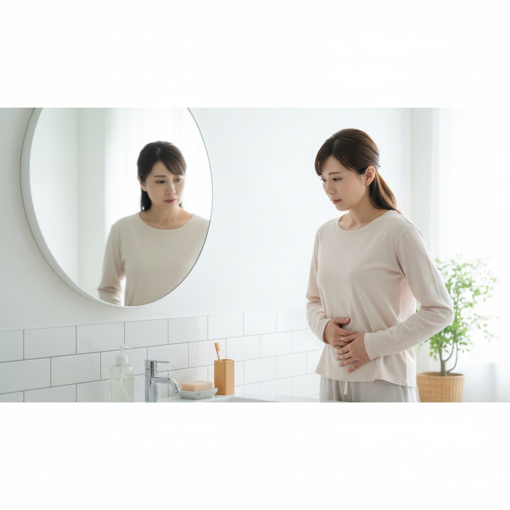 鏡の前でお腹周りの変化に戸惑う30代女性