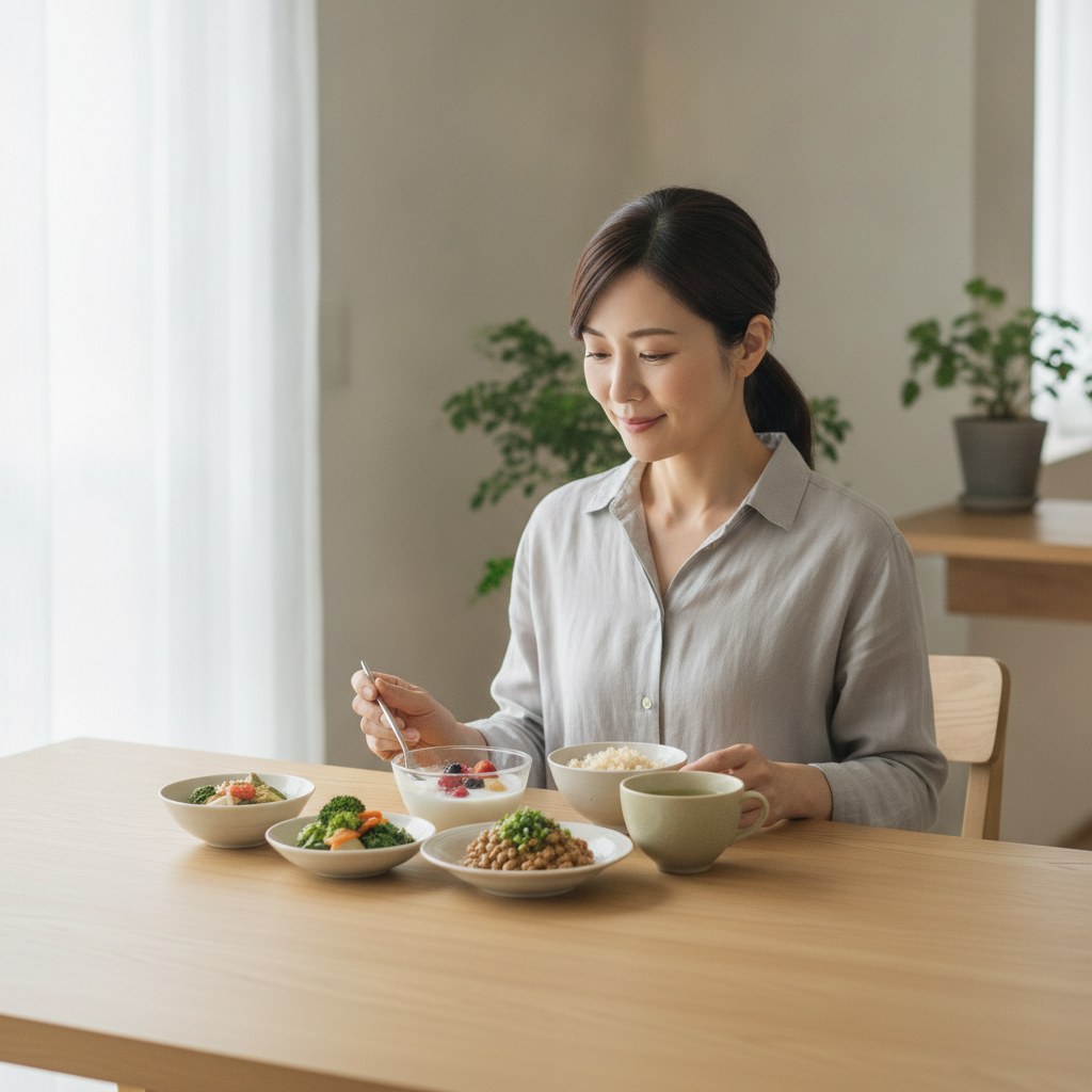 発酵食品中心の朝食をとる30代女性