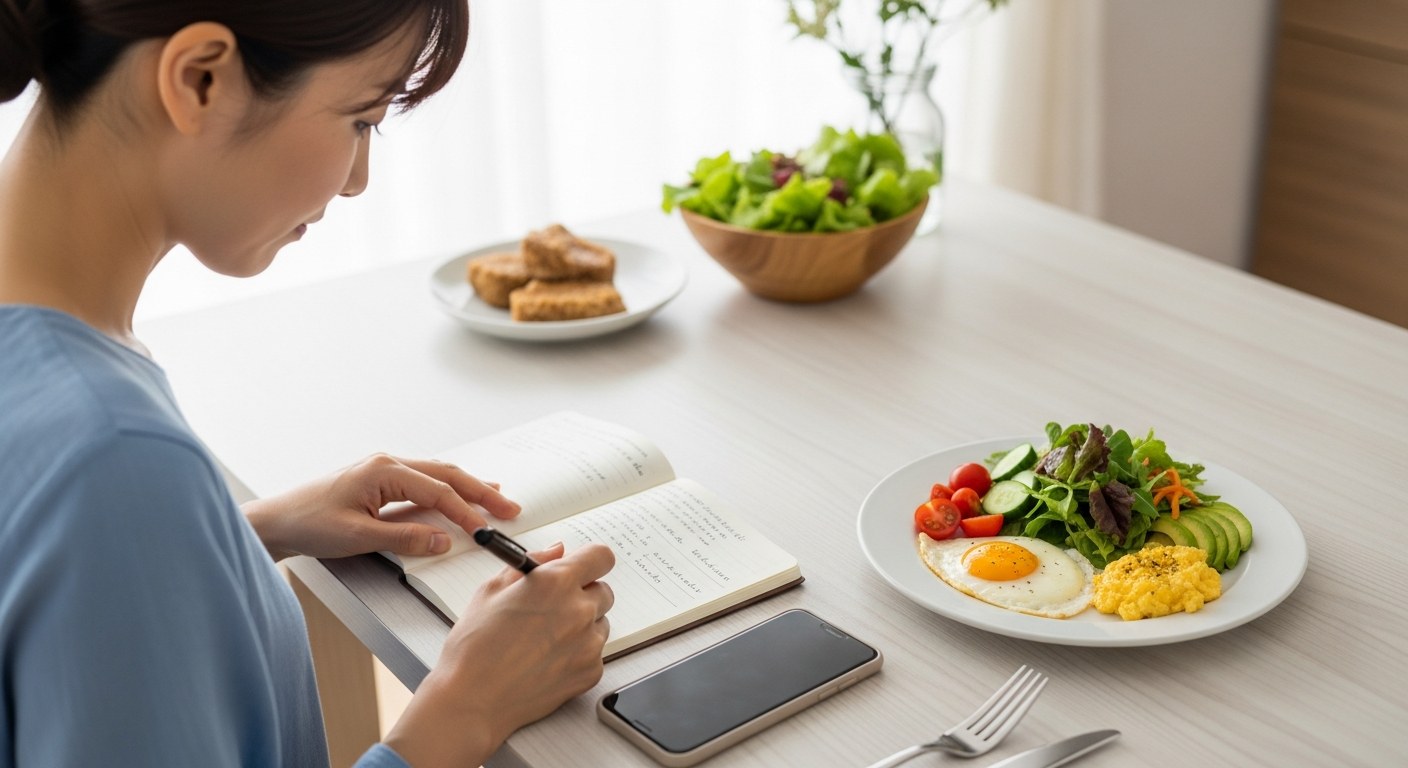 キッチンで食事記録をつける40代女性