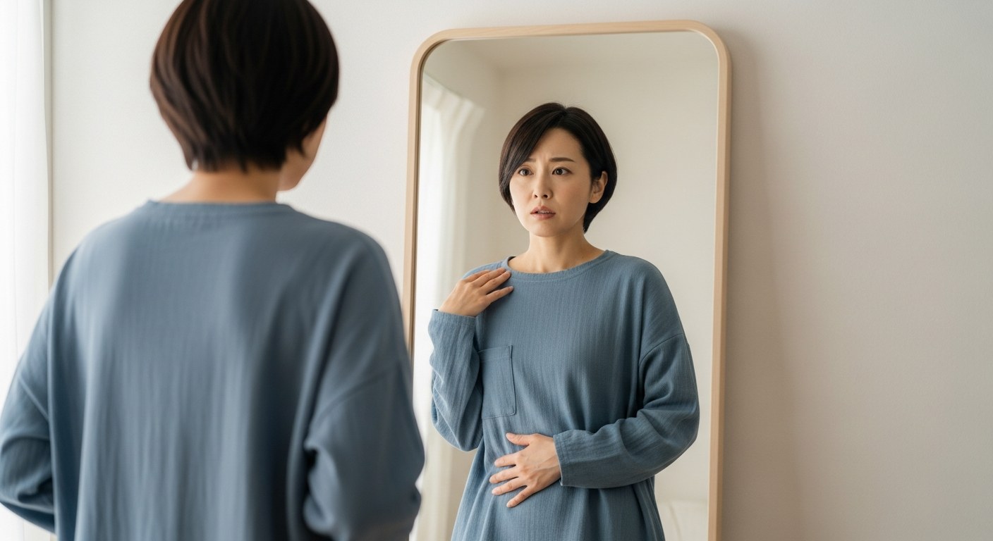 鏡の前で体型の変化を気にする女性