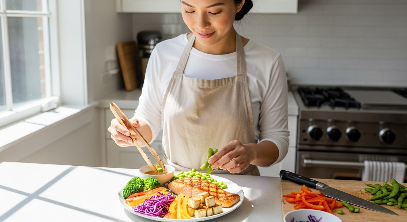 キッチンでタンパク質中心の健康的な食事を用意する女性