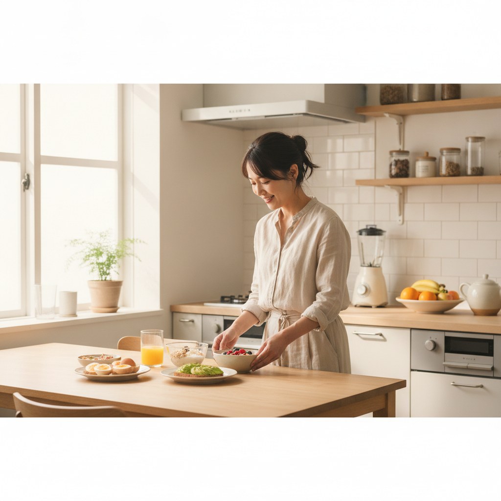 朝の明るいキッチンでバランスの良い朝食を準備する30代女性