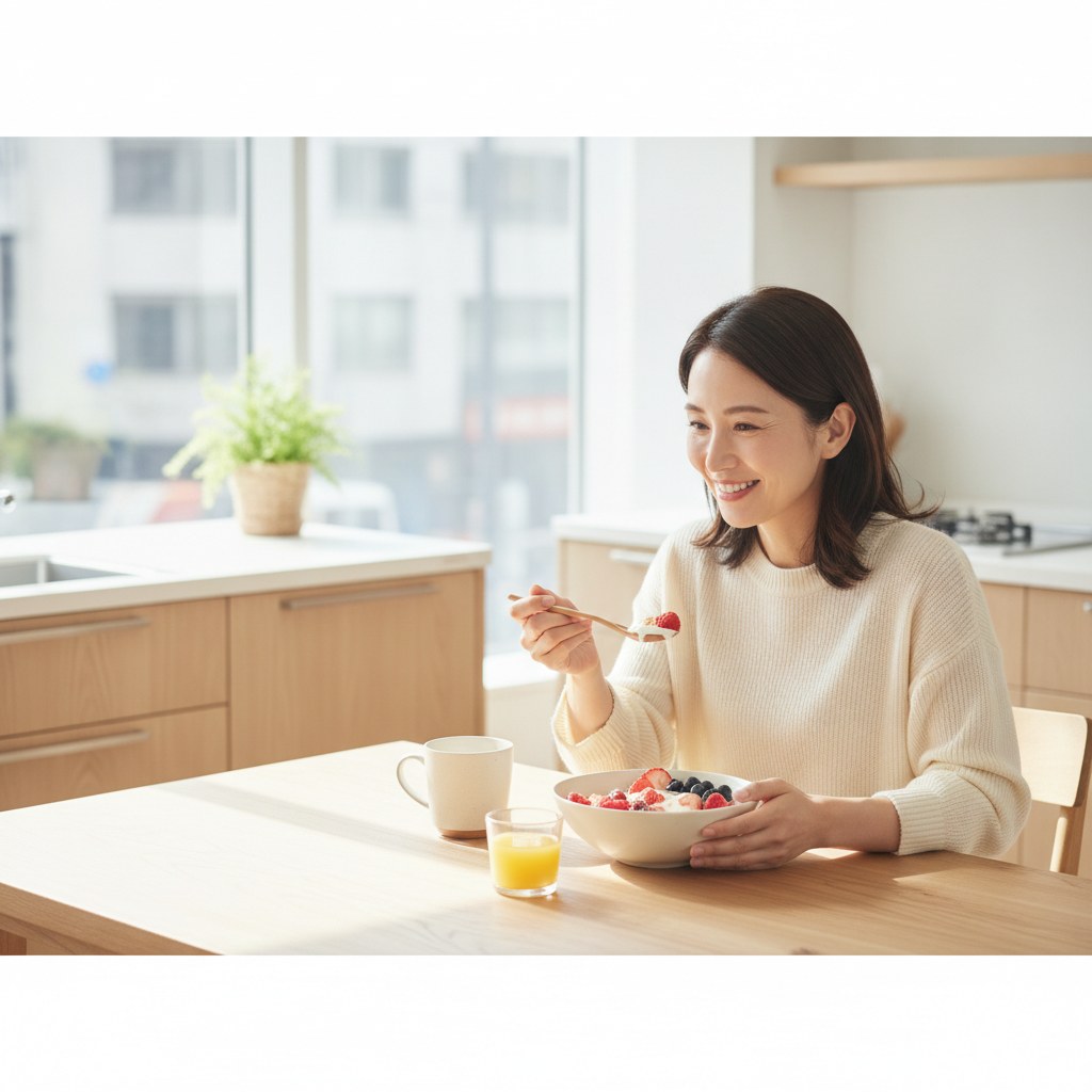 オートミールとヨーグルトの朝食を楽しむ40代女性