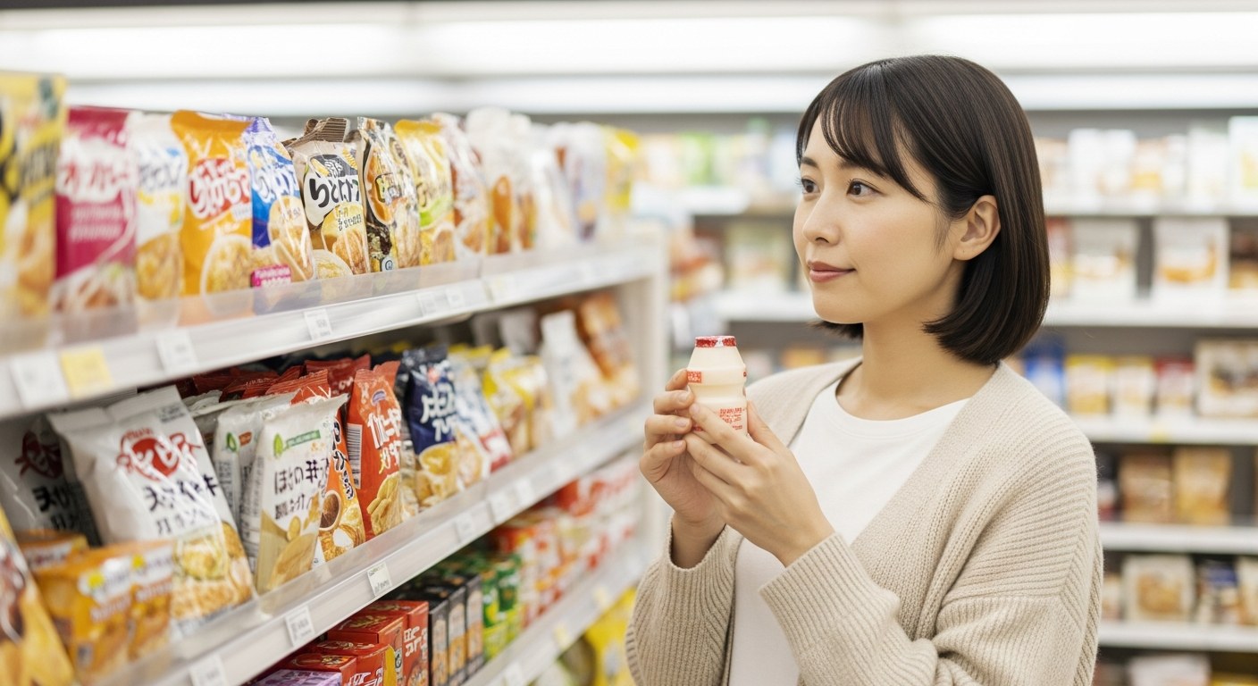 コンビニで太りにくい間食を選ぶ30代女性