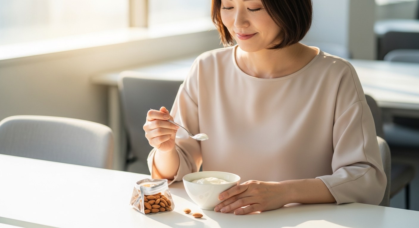 午後のオフィスでヨーグルトとナッツの間食をとる40代女性