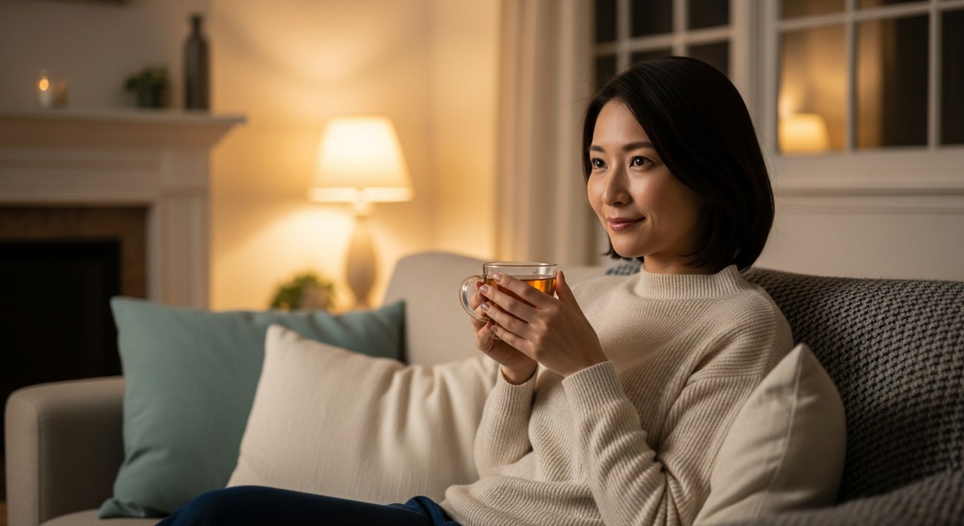 夜は温かいハーブティーで間食欲求を落ち着かせる30代女性