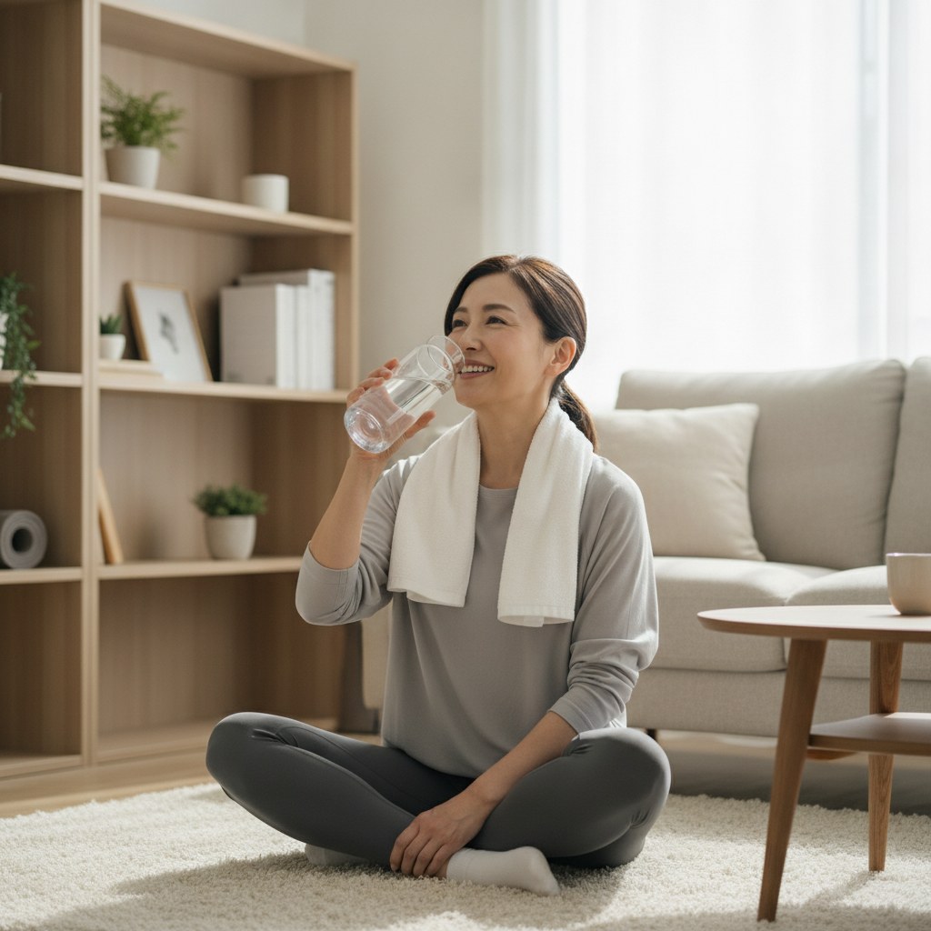 運動後に水分補給をする40代女性