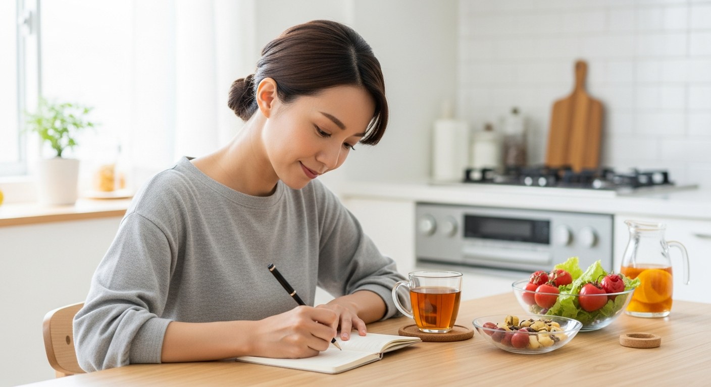 朝のキッチンで体調や食事をノートに記録する女性