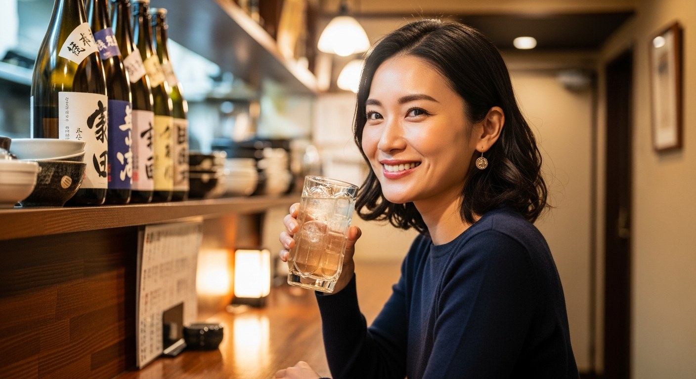 仕事終わりに居酒屋でハイボールを楽しむ30代女性