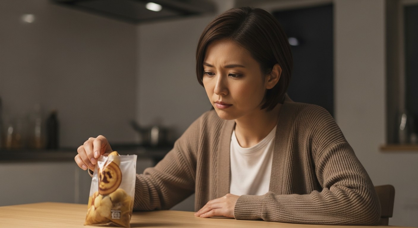 夜の間食を前に葛藤するダイエット中の30代女性