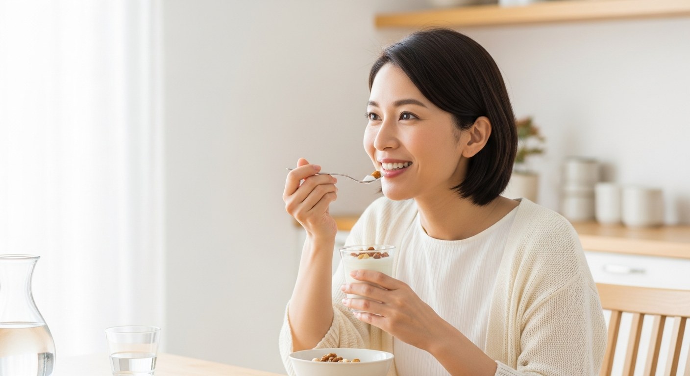 ナッツ入りヨーグルトを楽しむ30代女性