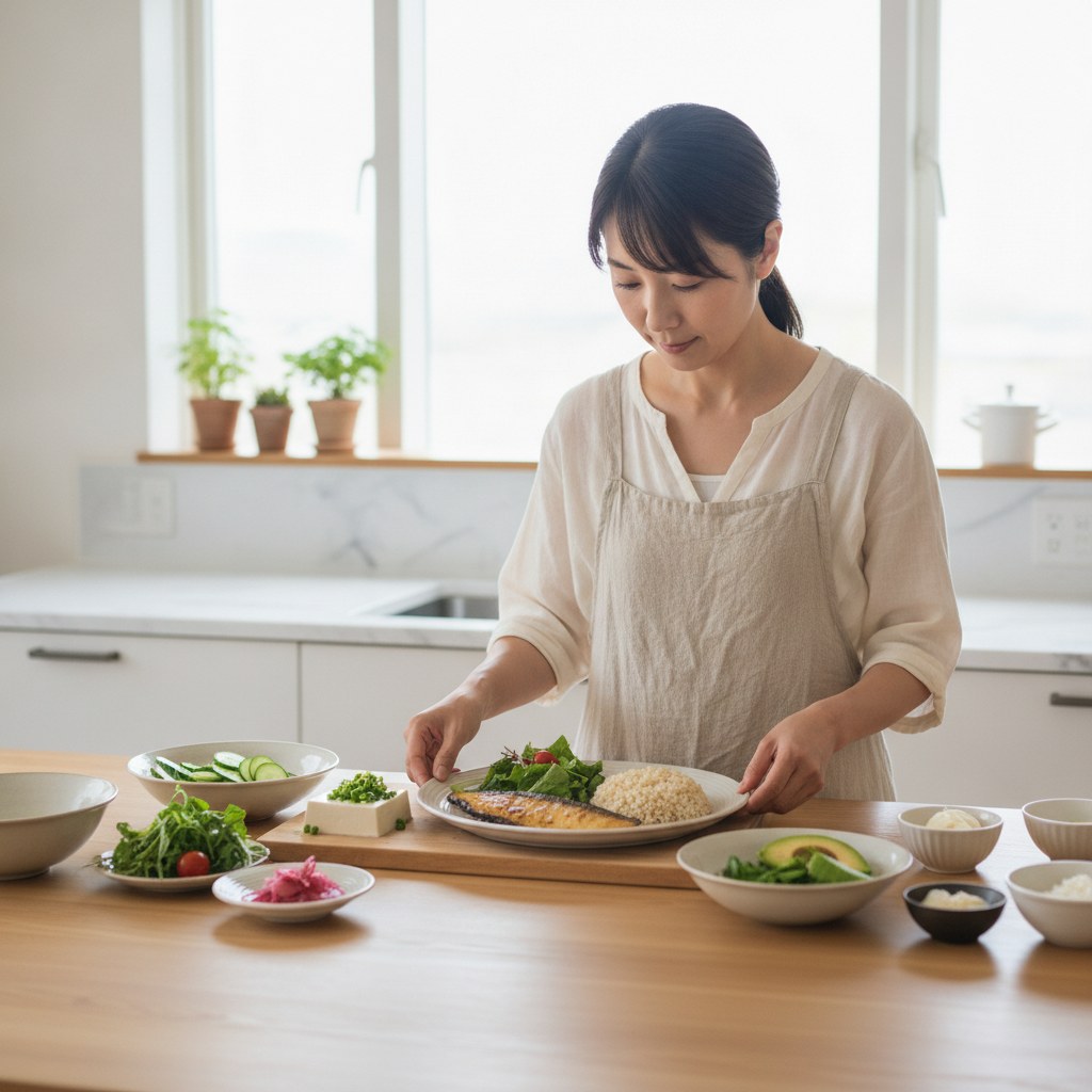 バランスの取れた食事を準備する30〜40代の女性