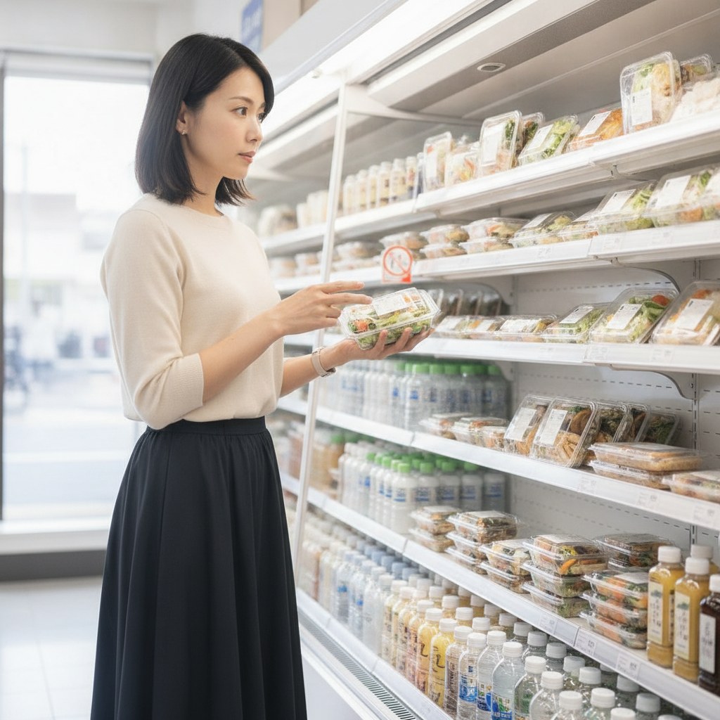 コンビニで時短のヘルシーランチを選ぶ30〜40代の女性