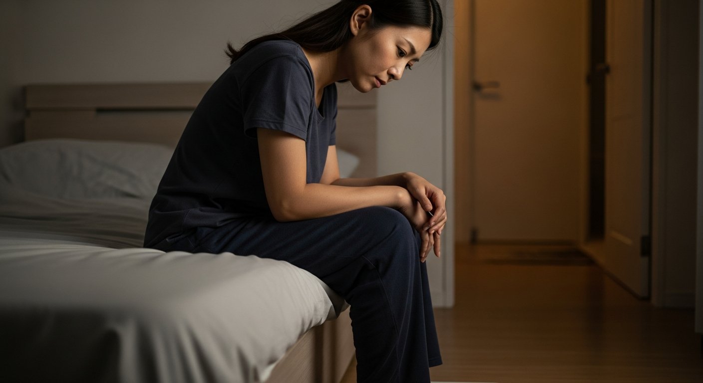 体重計を見てため息をつく30代女性
