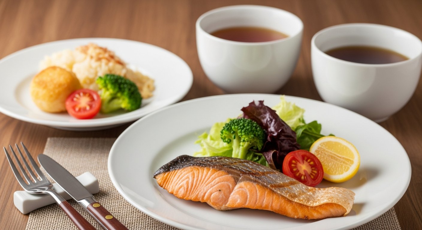 鮭と味噌汁と玄米のバランスが取れた和定食
