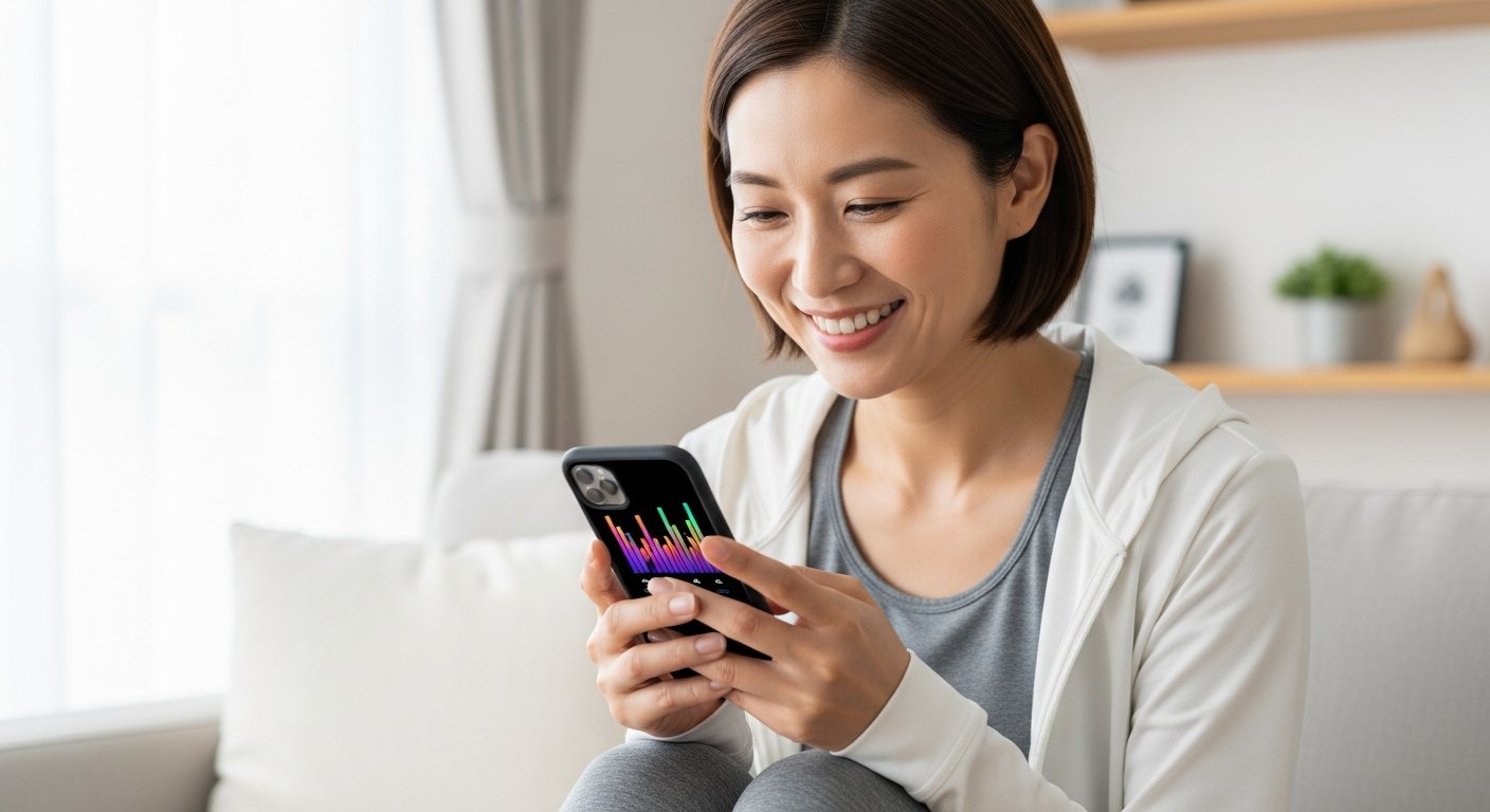 スマホの体重記録グラフを確認する女性の手元