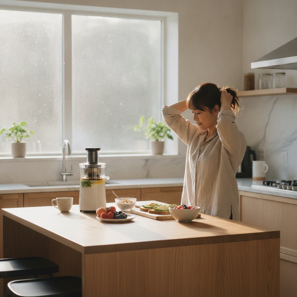 明るいキッチンで朝食を準備する30代の女性