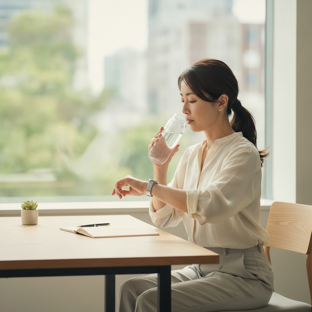 水を飲みながら時計を確認する40代の女性
