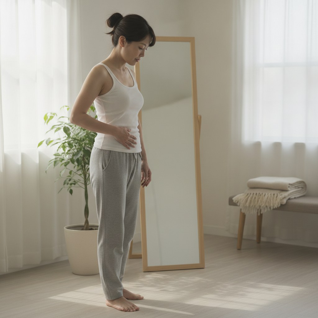 朝、鏡の前で体型を気にする30代女性