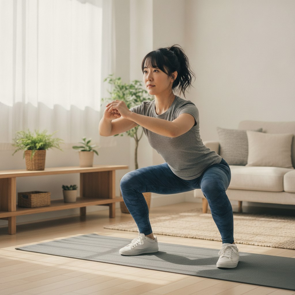 リビングでスクワットをする30代女性