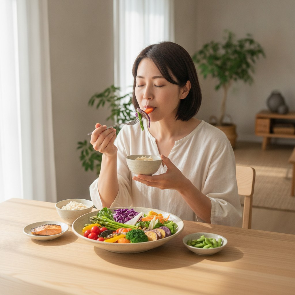 食卓で野菜から先にゆっくり食事をとる30代女性