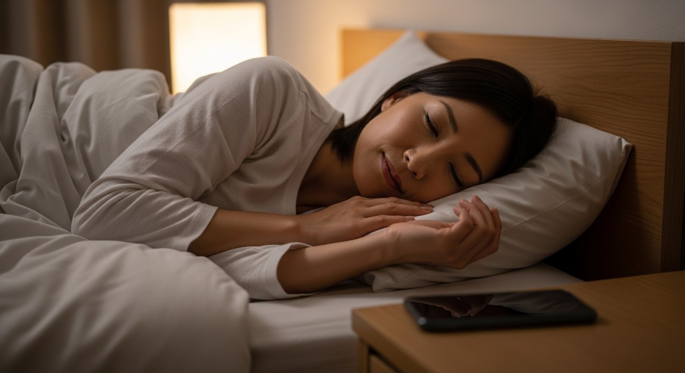 就寝前にスマホを手放してリラックスする40代女性