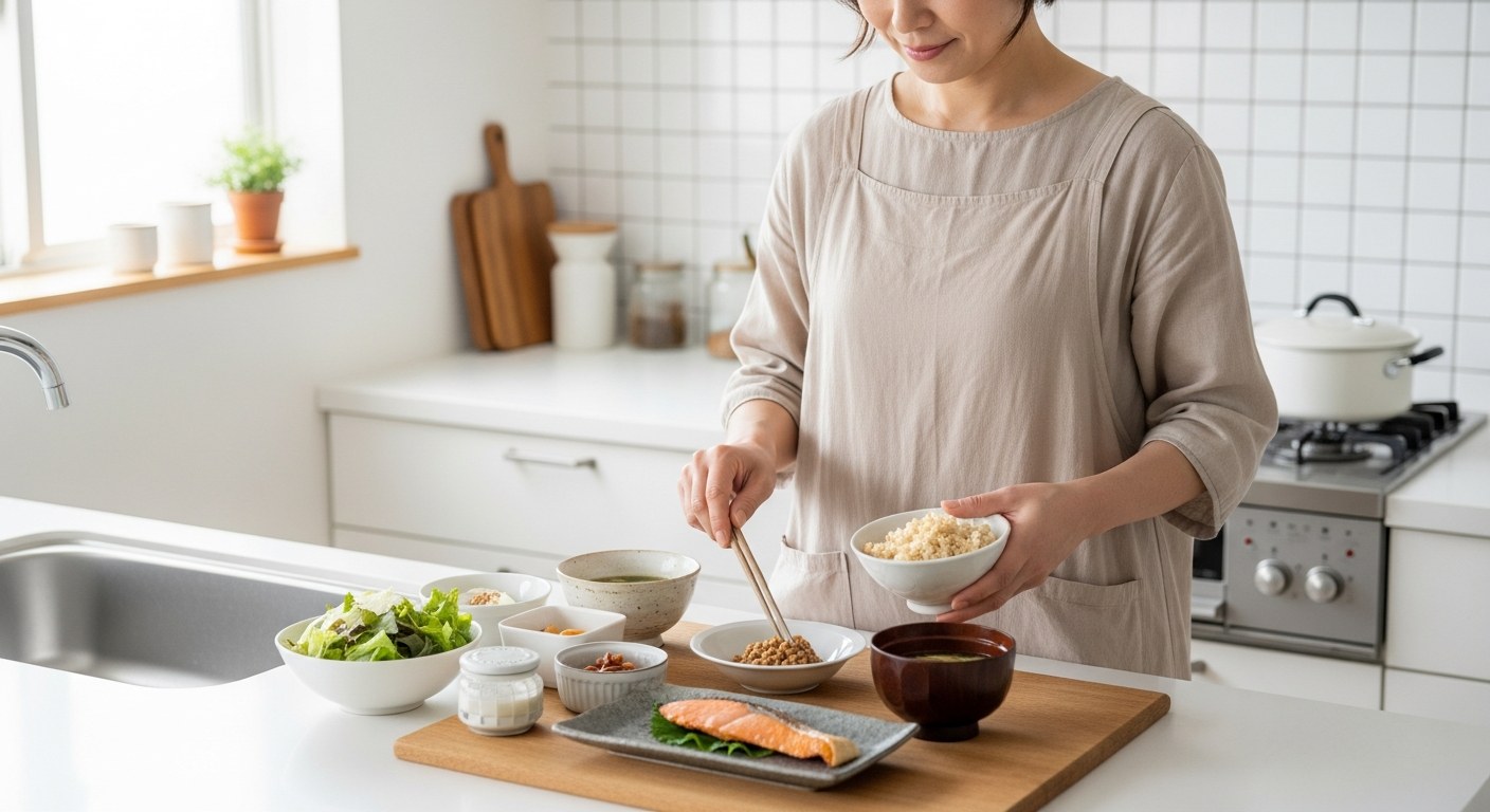 和食中心の朝食を準備する40代女性