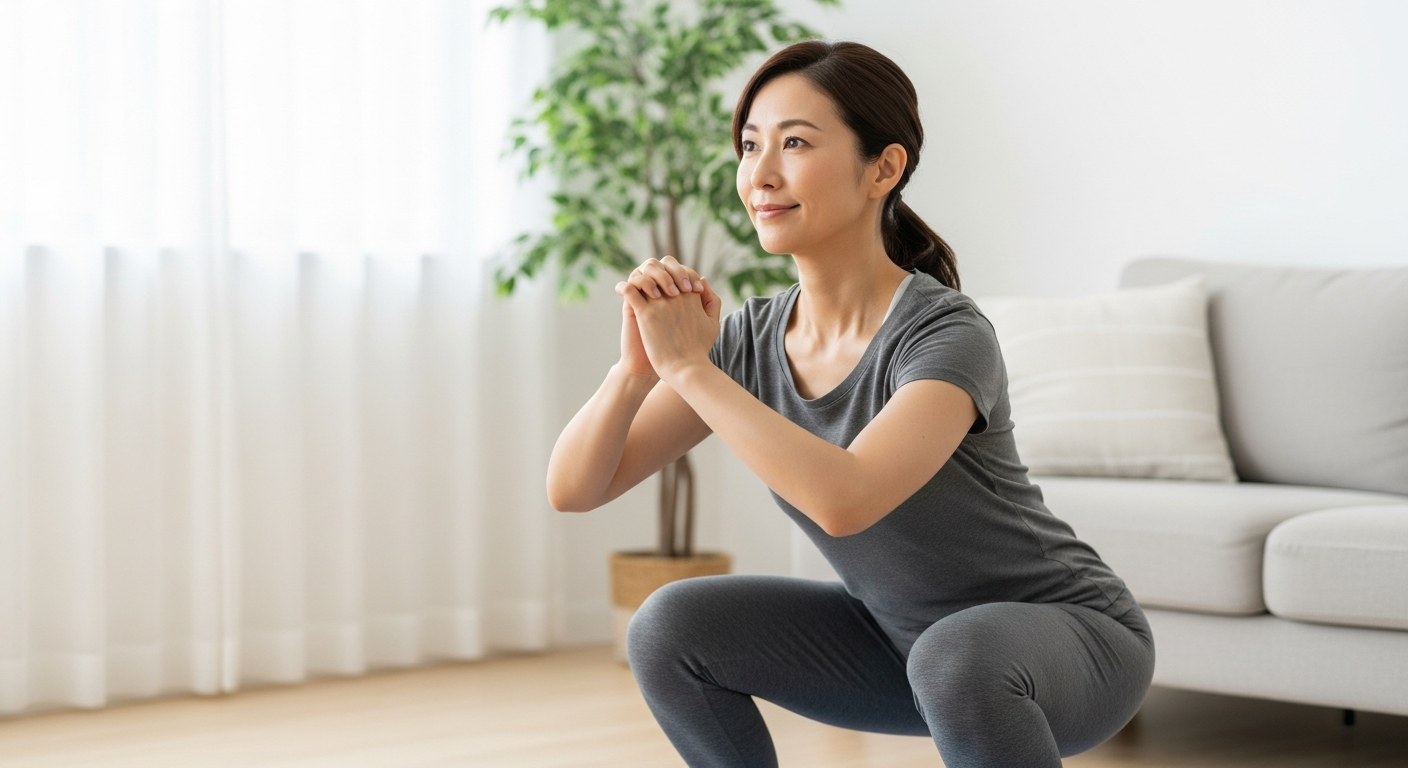自宅のリビングでスクワットに取り組む40代女性
