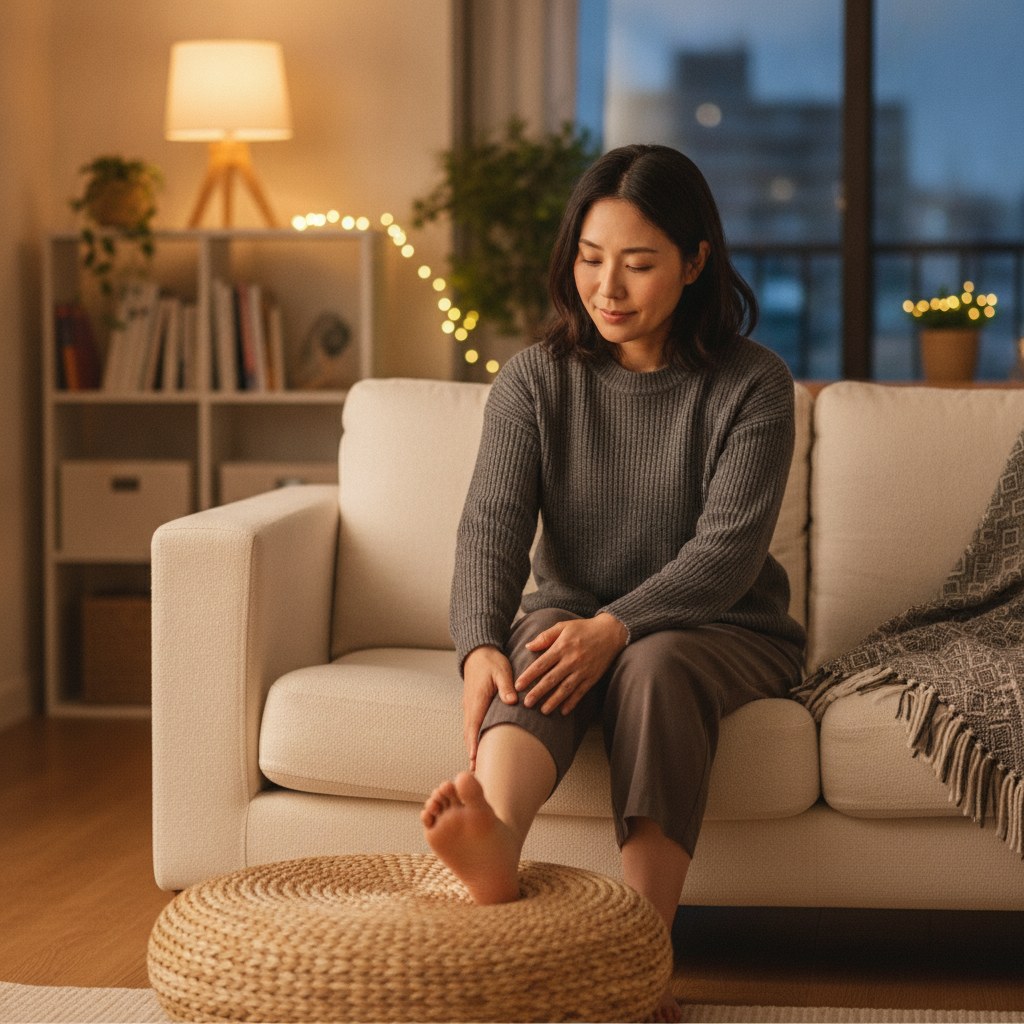 夕方ソファでふくらはぎのむくみに触れる30代女性