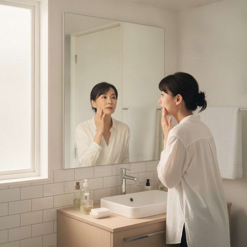 朝の洗面所で顔のむくみを確認する40代女性