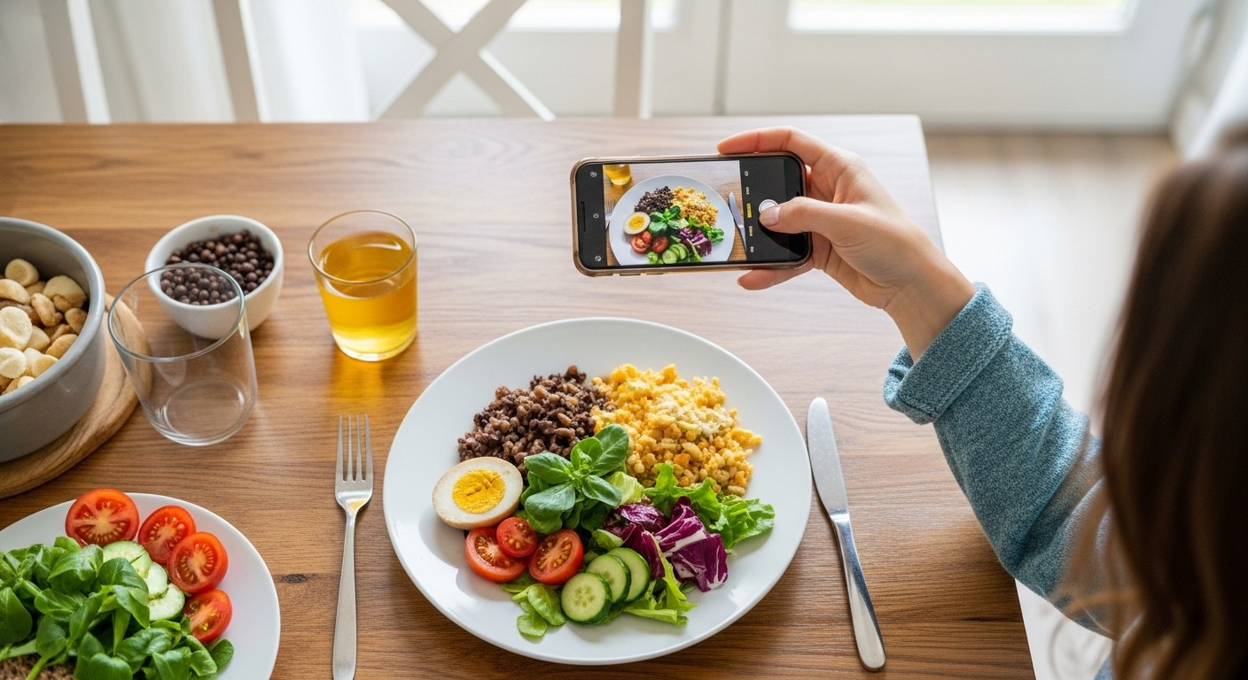 食事をスマホで撮影してオンラインコーチに報告する女性