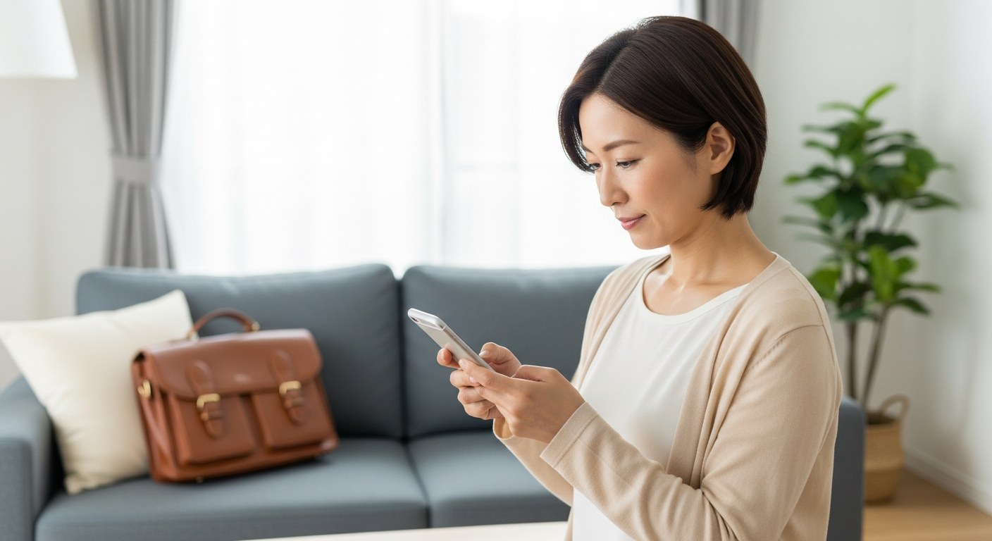 家事の合間にスマホでコーチからのアドバイスを確認する女性