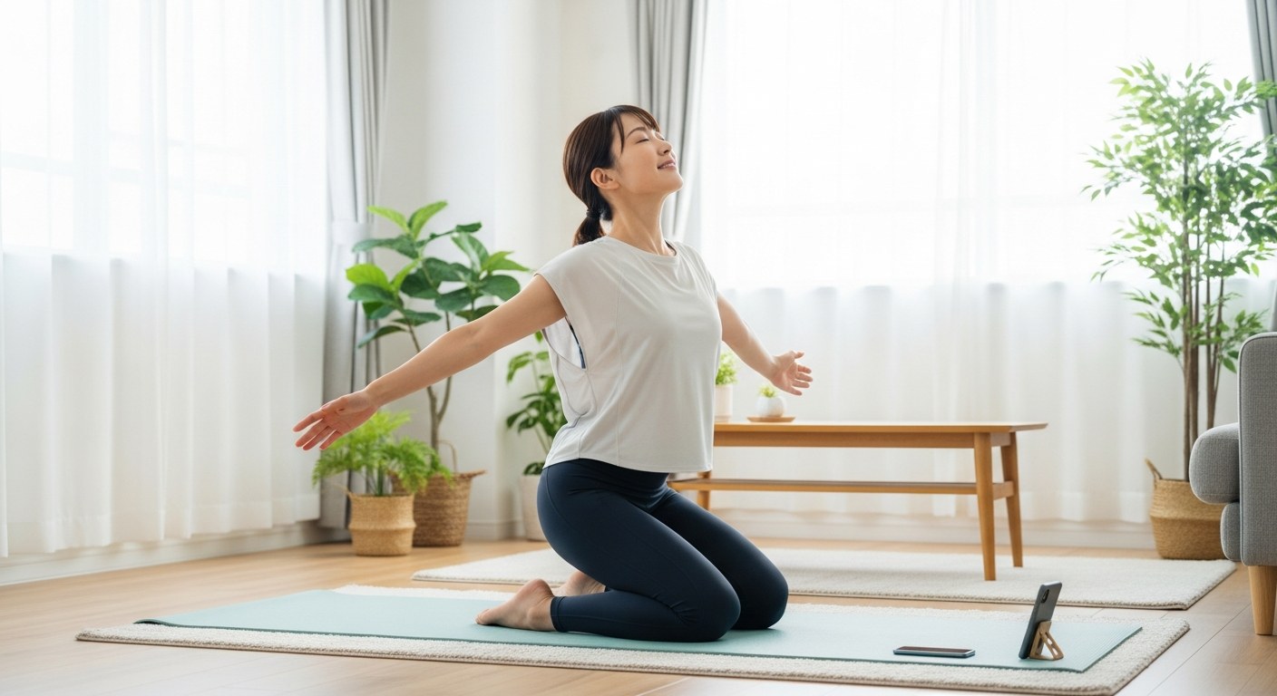 朝の自宅でストレッチをしながらオンライン指導を活用する女性
