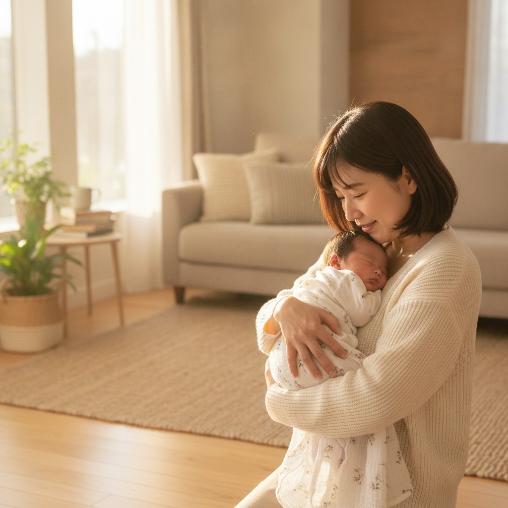 赤ちゃんを抱いて微笑む30代の日本人女性