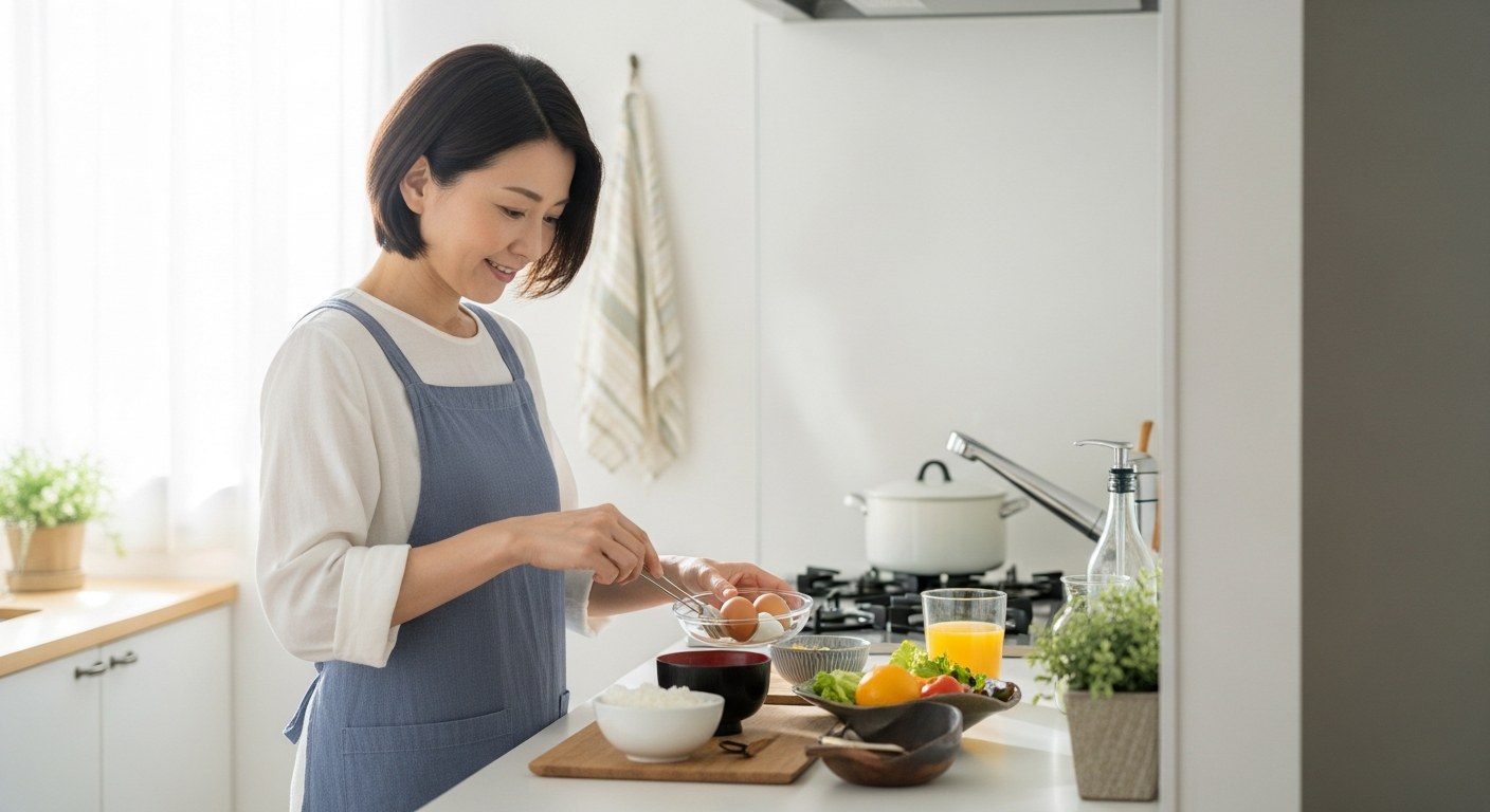 キッチンで朝食を整える40代の日本人女性