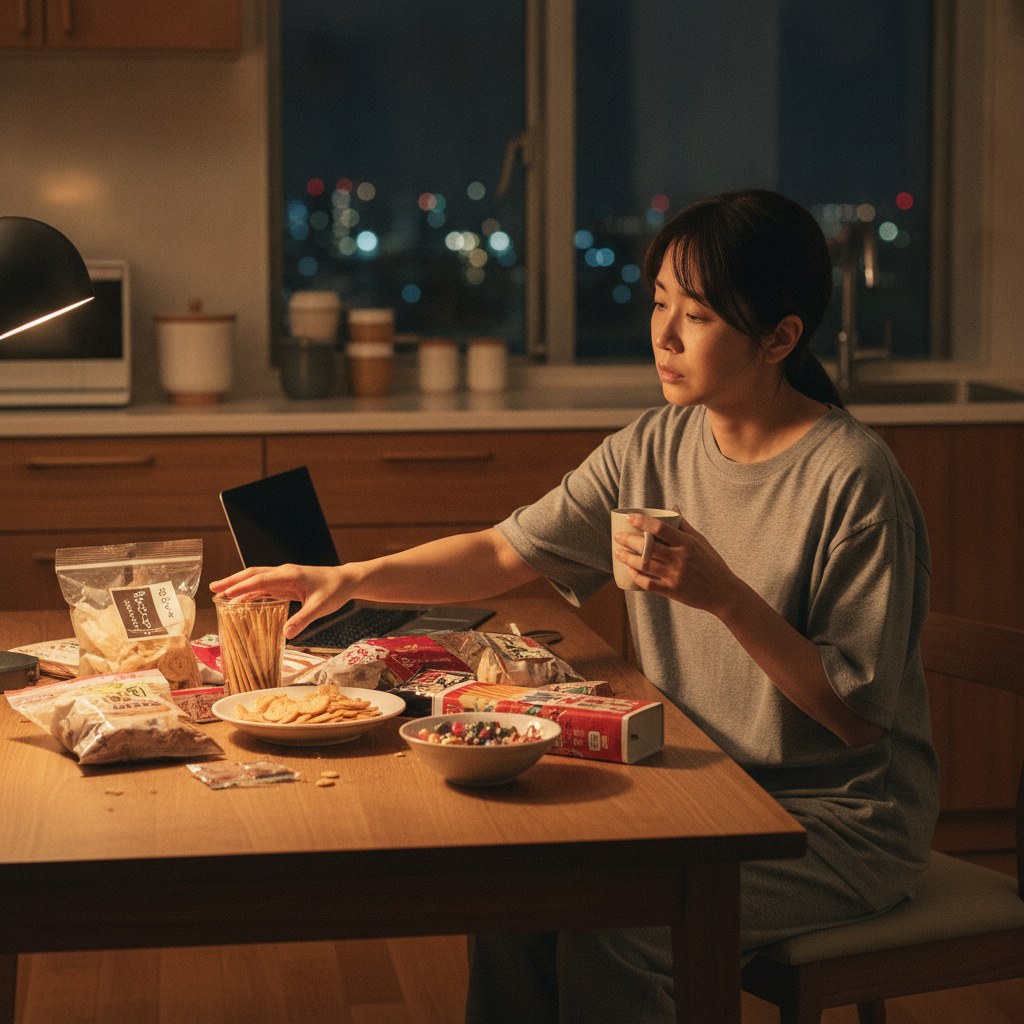 夜、疲れてつい甘いお菓子に手が伸びる30代女性