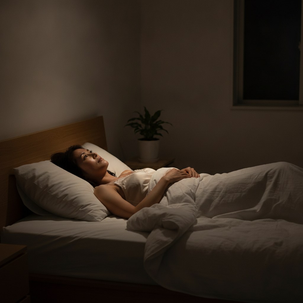 夜なかなか眠れずベッドで天井を見つめる40代女性