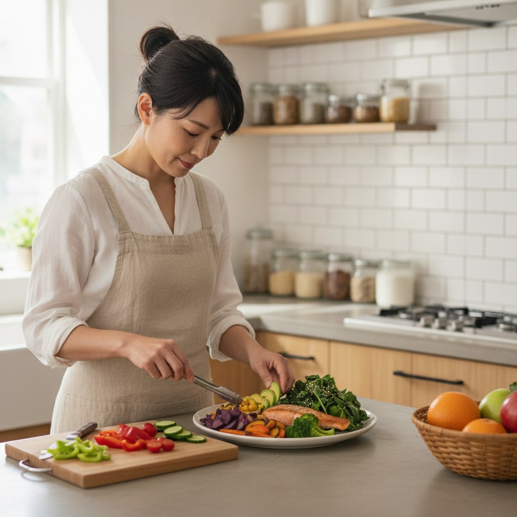 明るいキッチンで野菜とタンパク質中心の食事を用意する30代女性