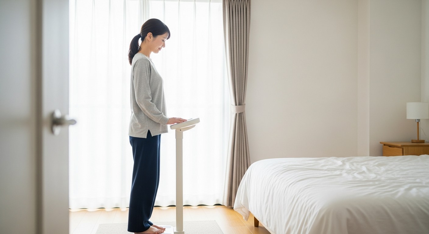 朝に体組成計で体脂肪率を測定する30代の日本人女性