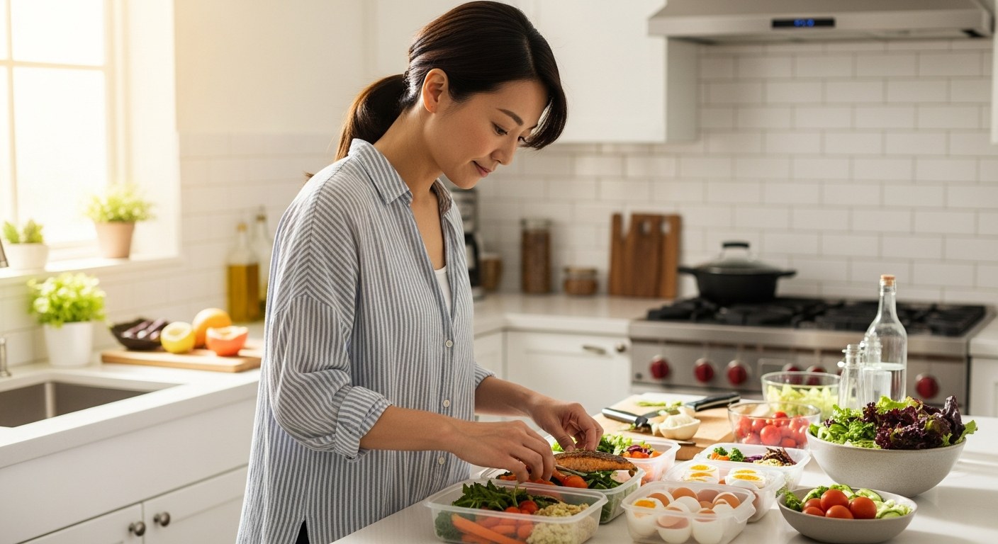 高タンパクの食事を作り置きする40代の日本人女性