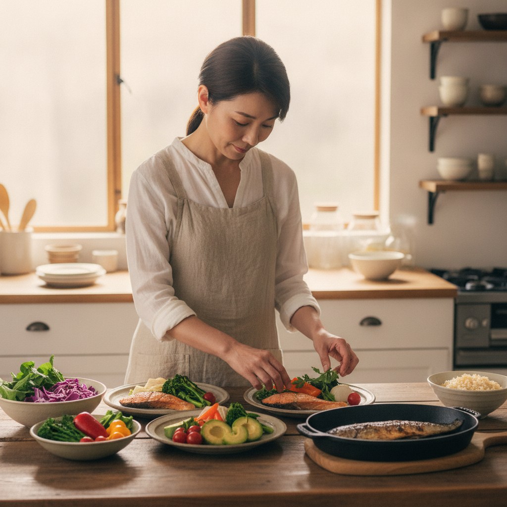 野菜と魚の食事を用意する40代女性