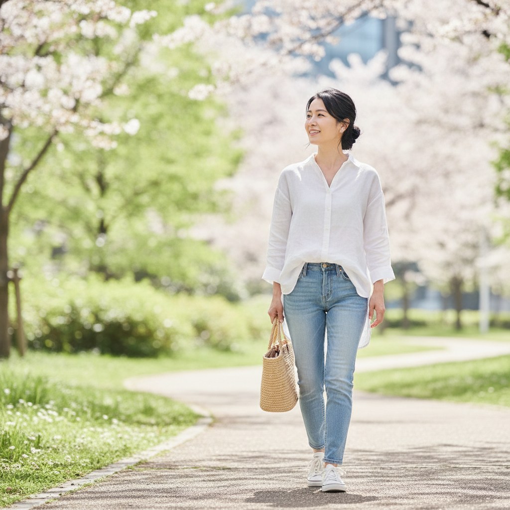 屋外を軽やかに歩く40代女性