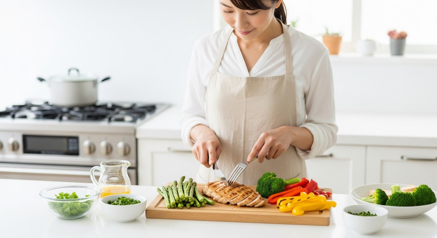 キッチンで高たんぱくの食事を準備する30代の女性