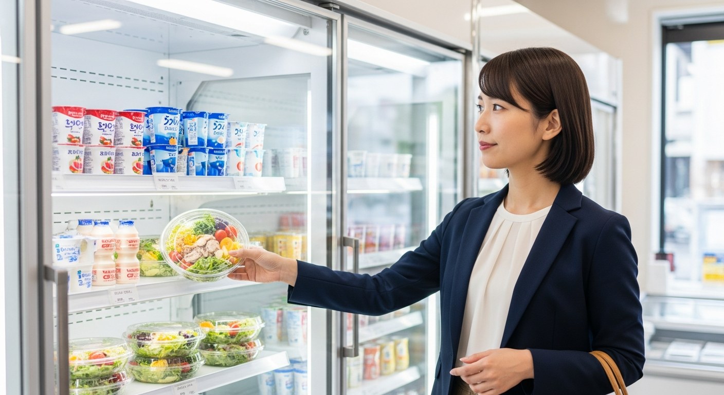 コンビニでサラダとヨーグルトを選ぶ30代の働く女性