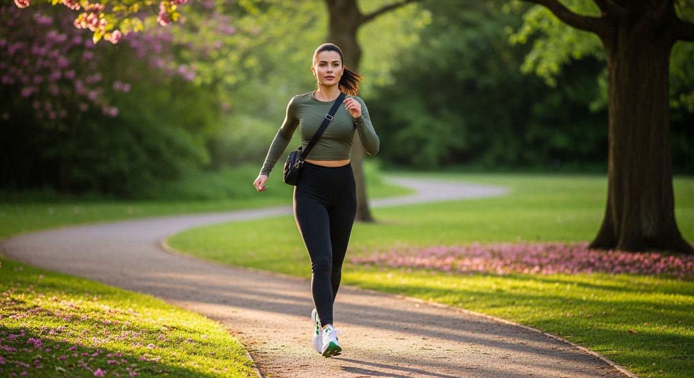 朝の公園を早歩きでウォーキングする30代女性
